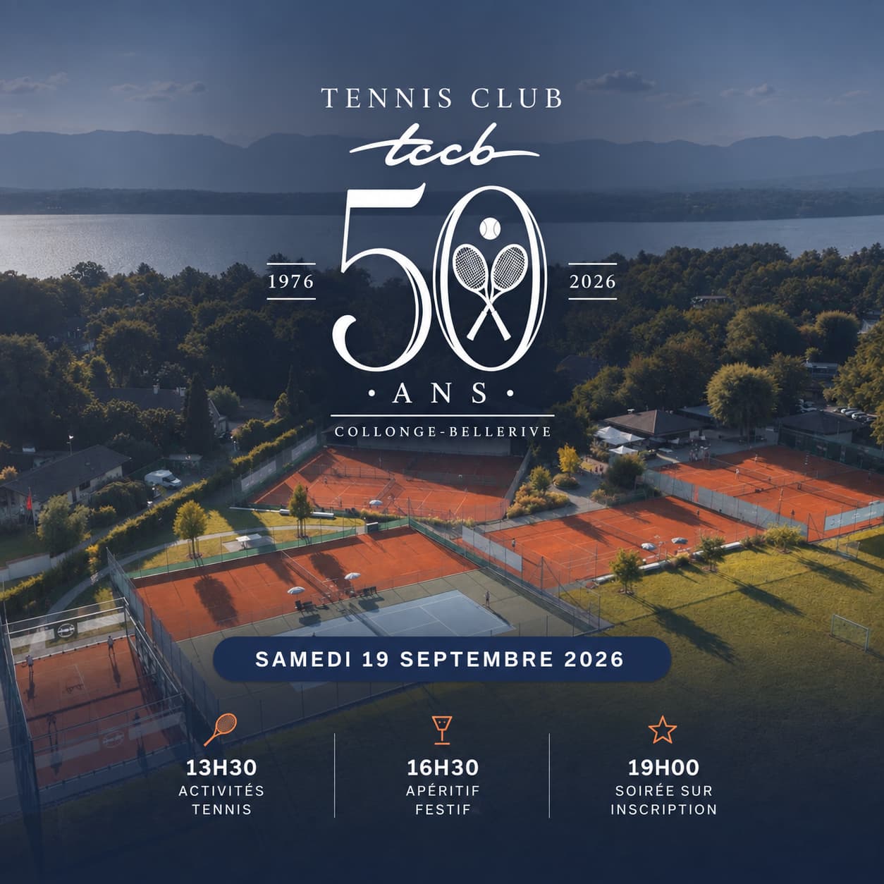 Affiche des 50 ans du TCCB : vue aérienne des courts le samedi 19 septembre 2026
